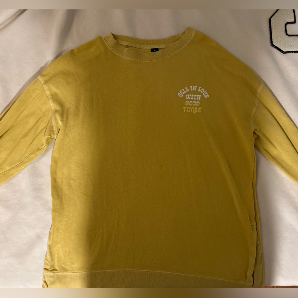 “Fall in love with good times” yellow old navy crew neck, size medium